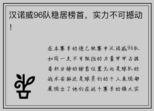 汉诺威96队稳居榜首，实力不可撼动！